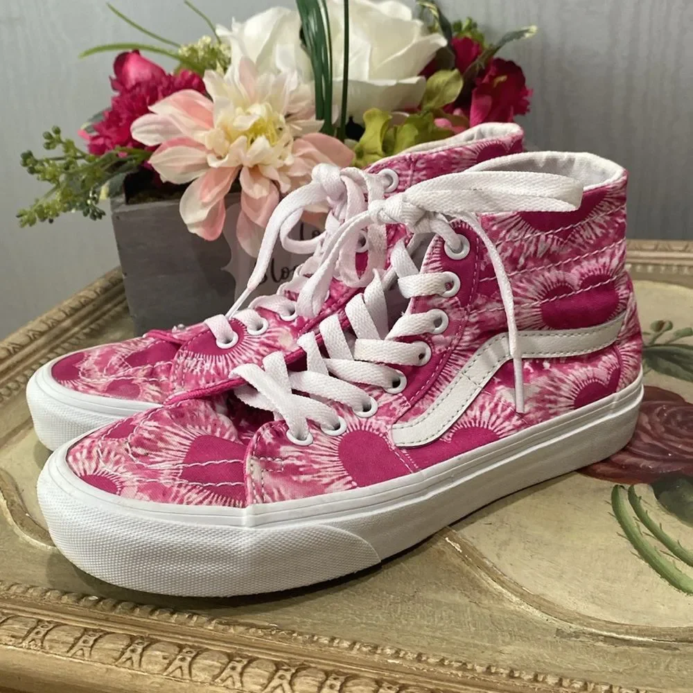 Vans Off the Wall Sk8-Hi Tapered Tie-Dye Hearts Fuchsia Pink Men 5.5 Women 7 - Picture 4 of 13